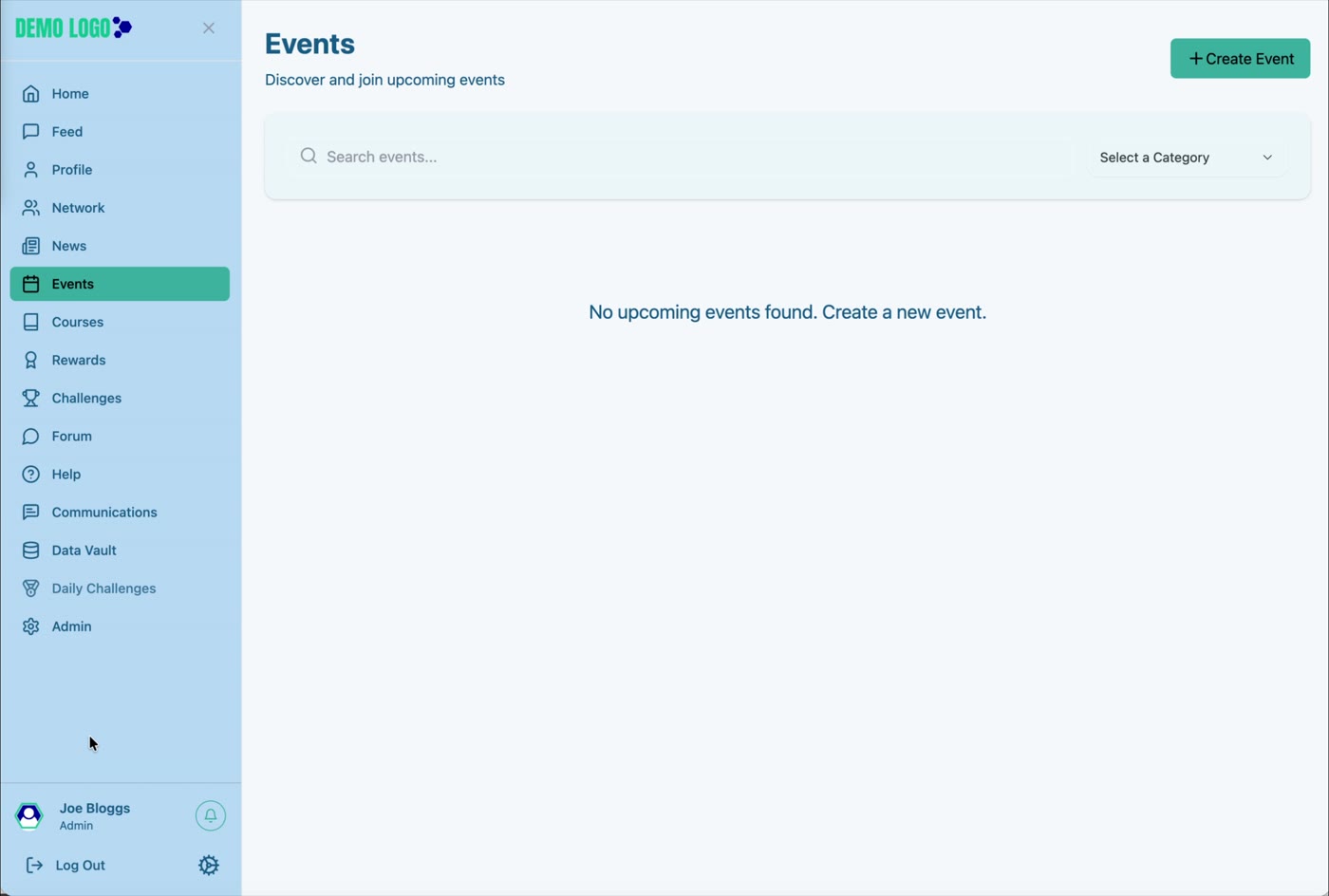 The Events page provides search, category filtering and Create Event for authorised users.