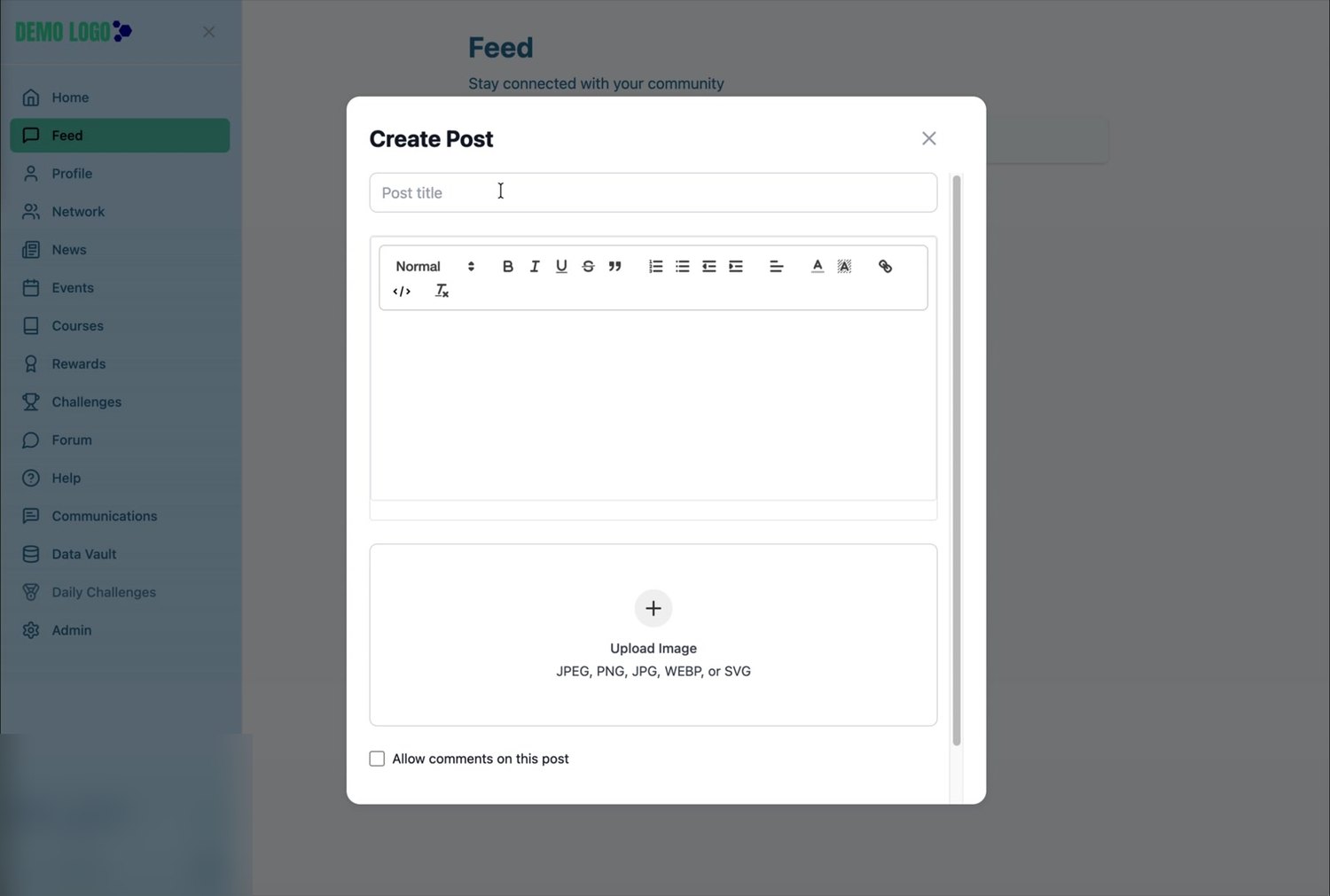 The Create Post form includes a title, rich-text editor, image upload and comment setting.