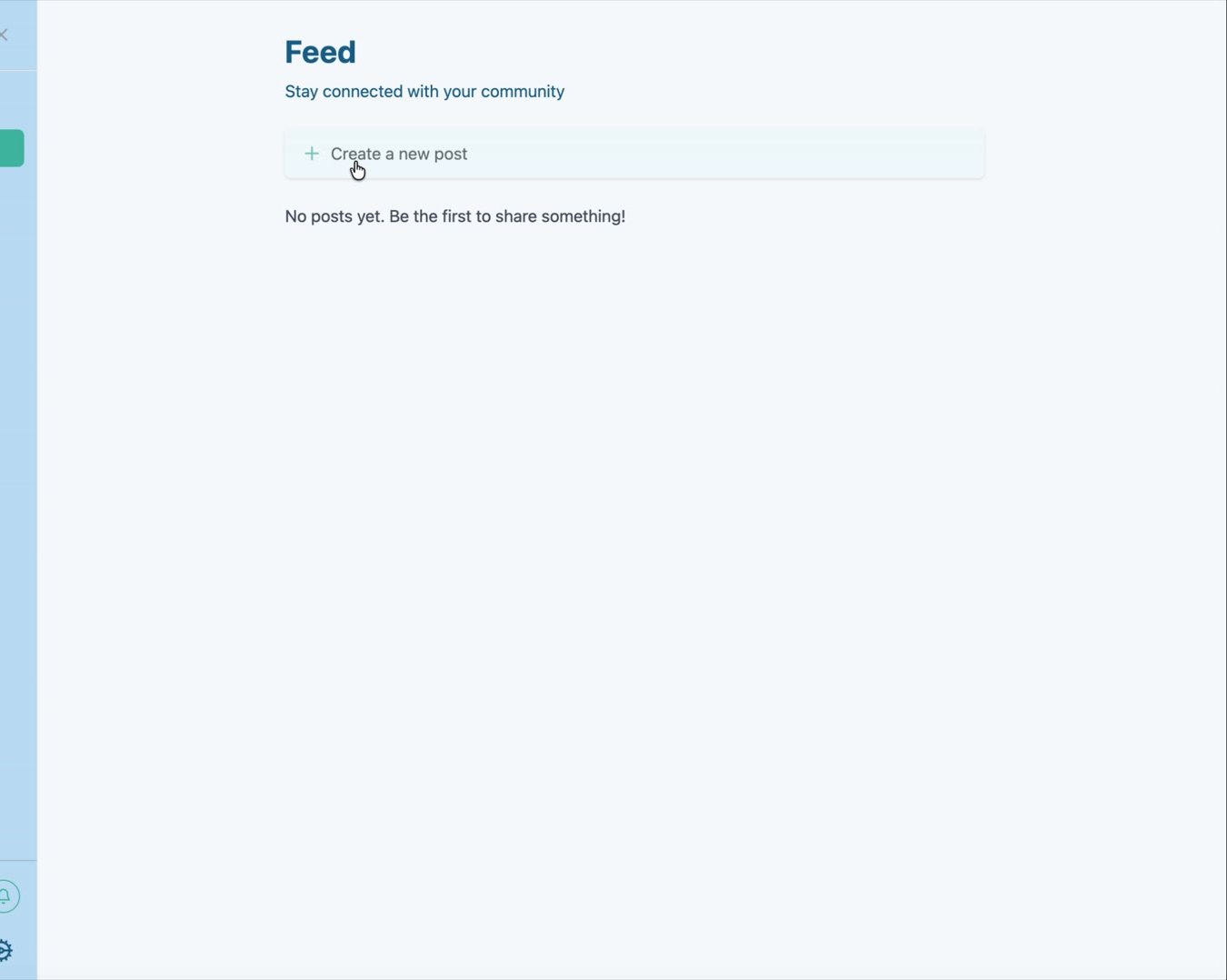 An empty Feed invites an authorised user to create the first post.