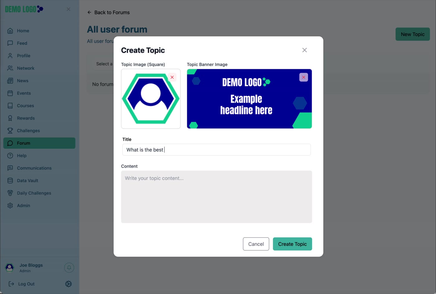 Create Topic includes square and banner imagery, title and discussion content.