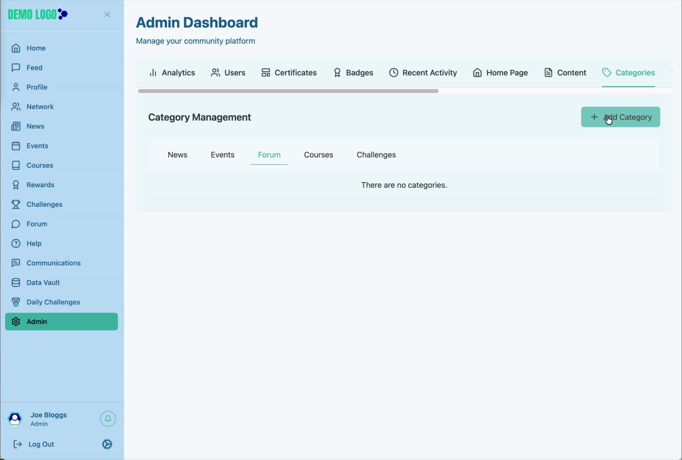 Create a Forum category before members can add Topics within it.