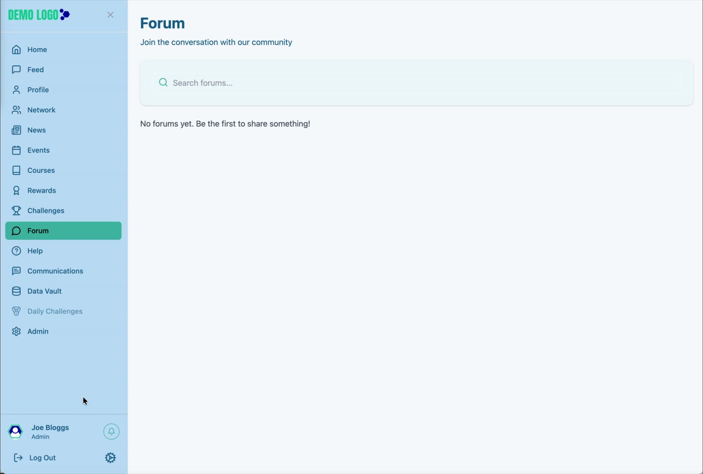 The Forum begins with searchable categories and a clear empty state.