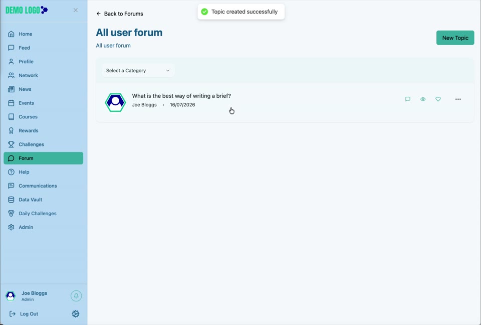A published Topic appears in its Forum category with author and activity information.