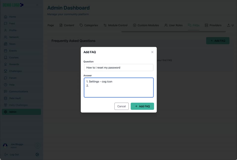 Add FAQ captures the user question and the approved answer.