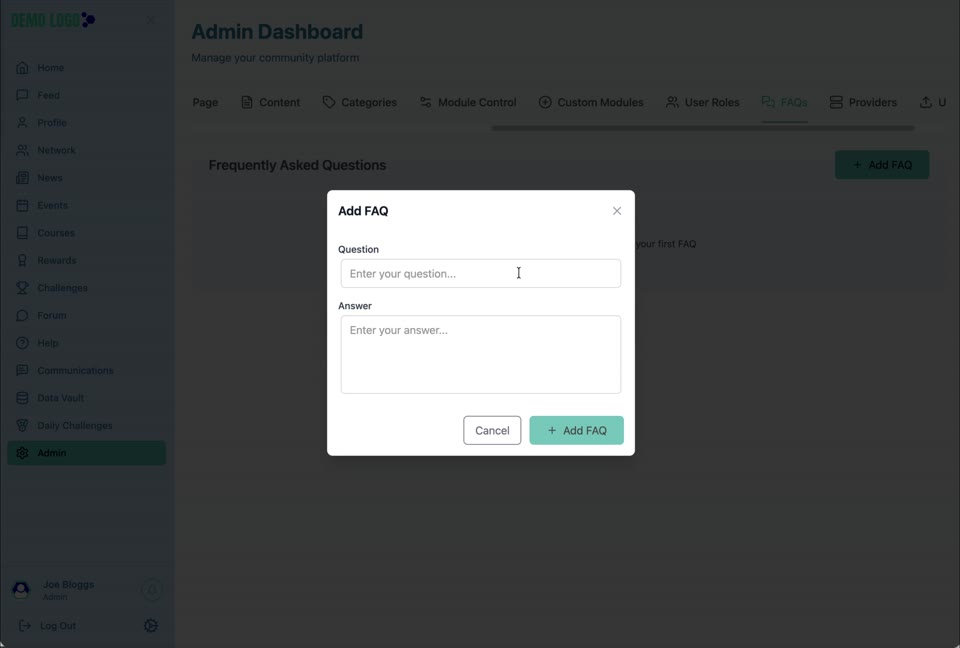 FAQ administration lists existing answers and provides Add FAQ.