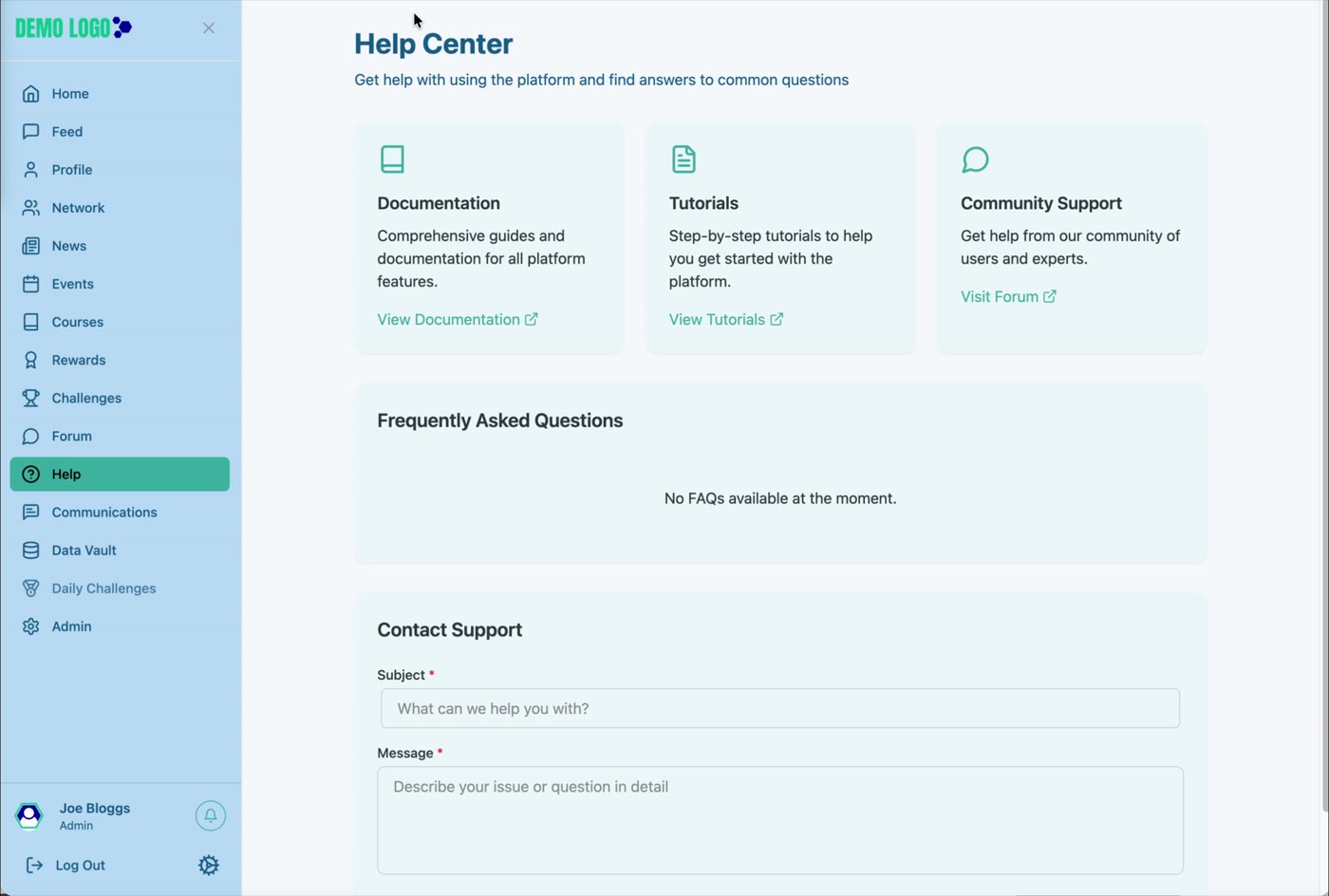 Help Centre directs users to documentation, tutorials, community support, FAQs and contact support.