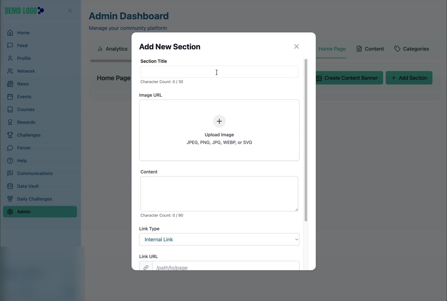 The Add New Section form begins with the title, image and short content fields.