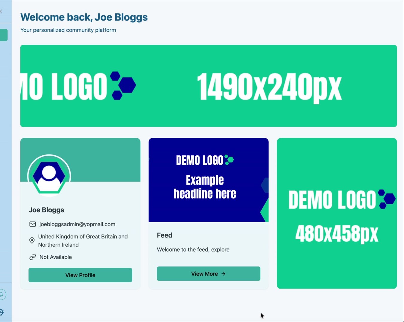 The completed example includes a full-width banner, profile card, linked section and content banner.