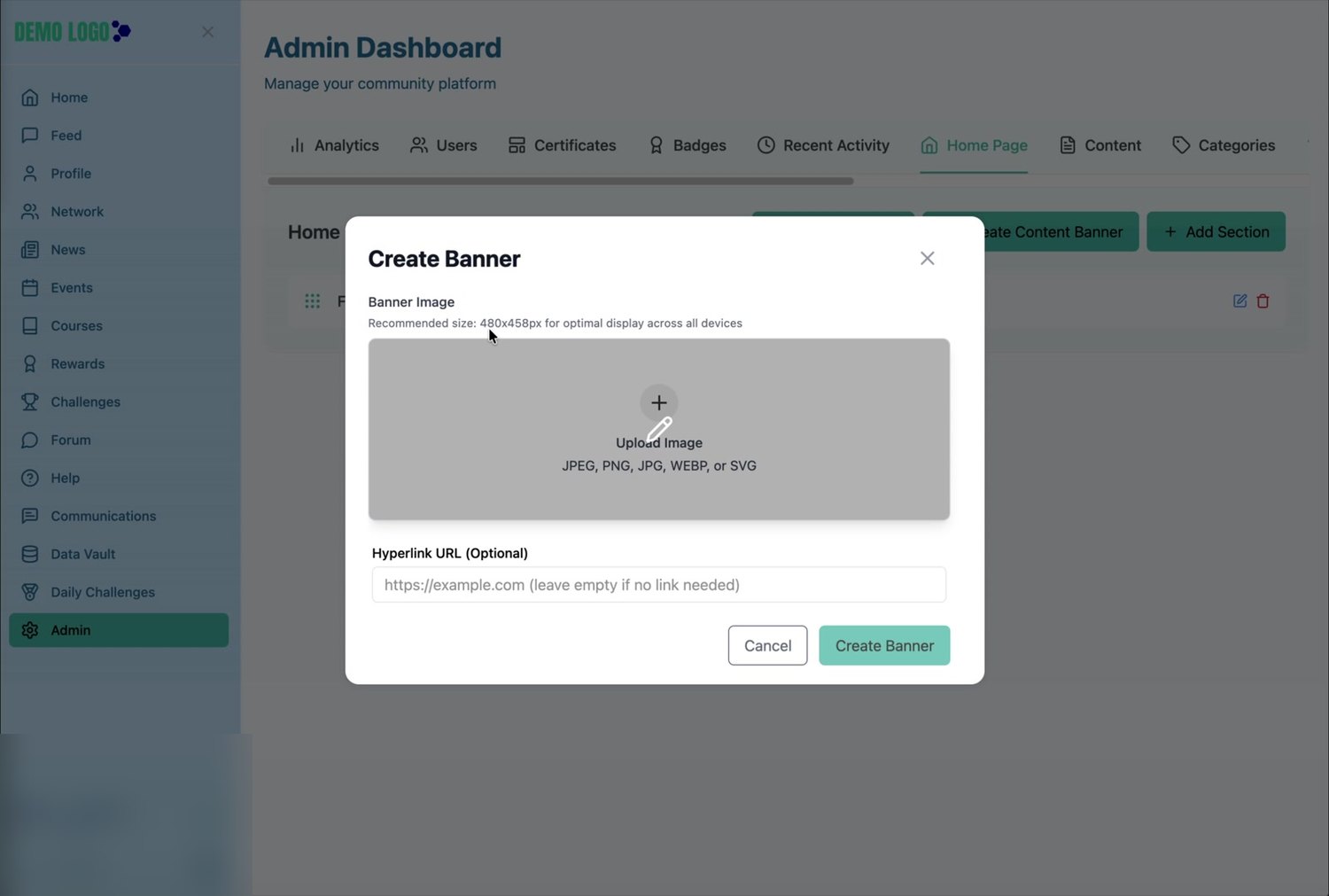 The content-banner form requests a 480 Γ 458 px image and an optional hyperlink.
