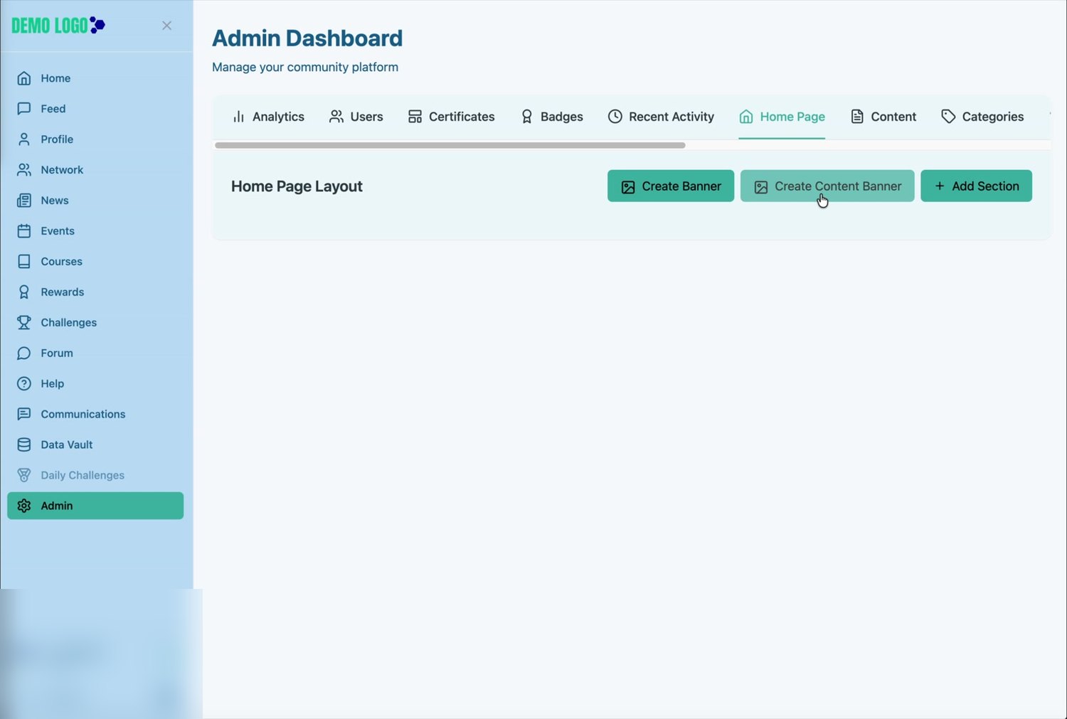 Home Page Layout provides Create Banner, Create Content Banner and Add Section controls.