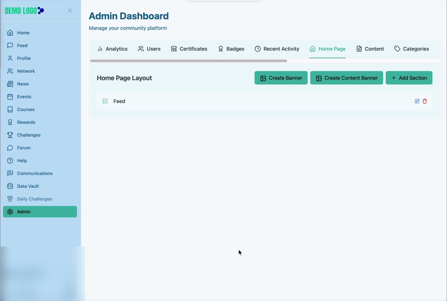 A saved section includes drag, edit and delete controls in Home Page Layout.