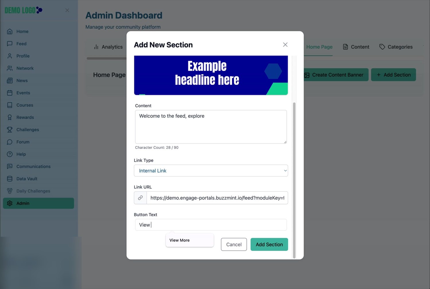 The lower section of the form contains the link type, destination URL and button text.
