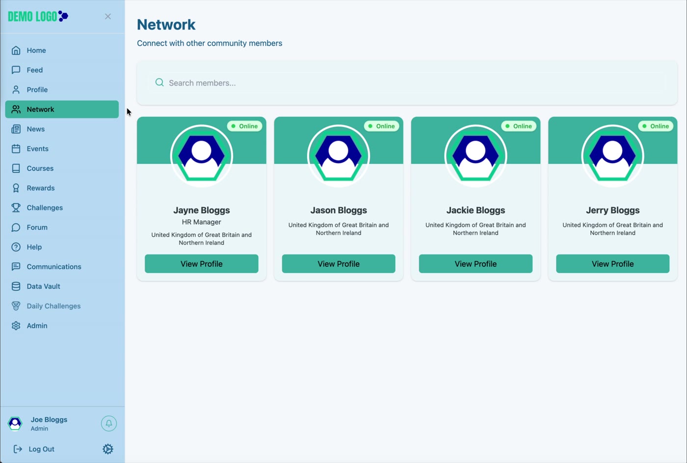 The Network displays searchable member cards with identity, role, location and availability information.