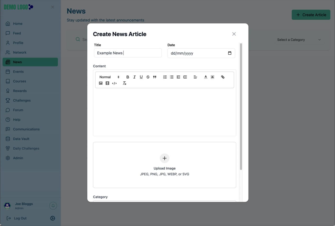 The Create News Article form combines title, date, rich-text content and image upload.