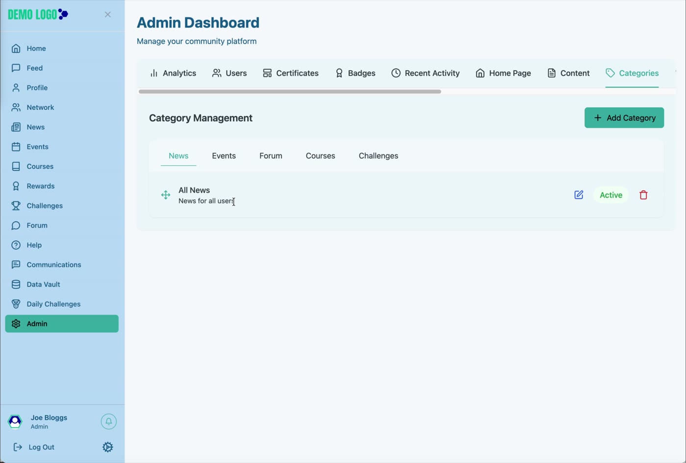 News categories are managed from Admin → Categories.