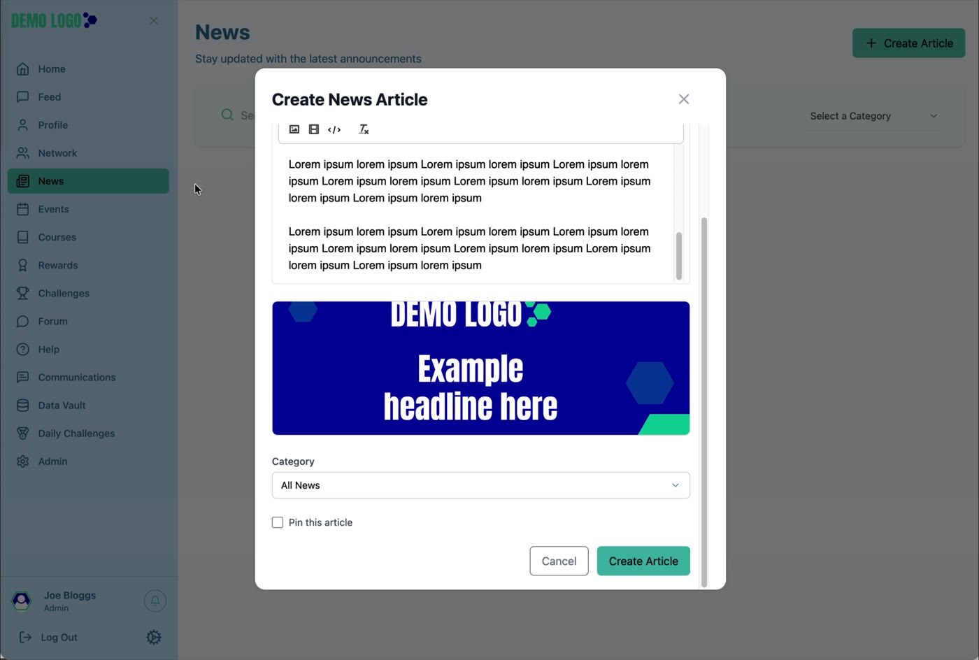 Choose the article category and optional pinned state before publishing.