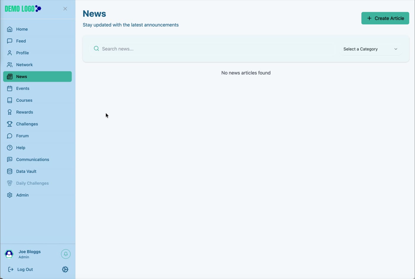 The News page includes article search, category filtering and a Create Article action for authorised users.