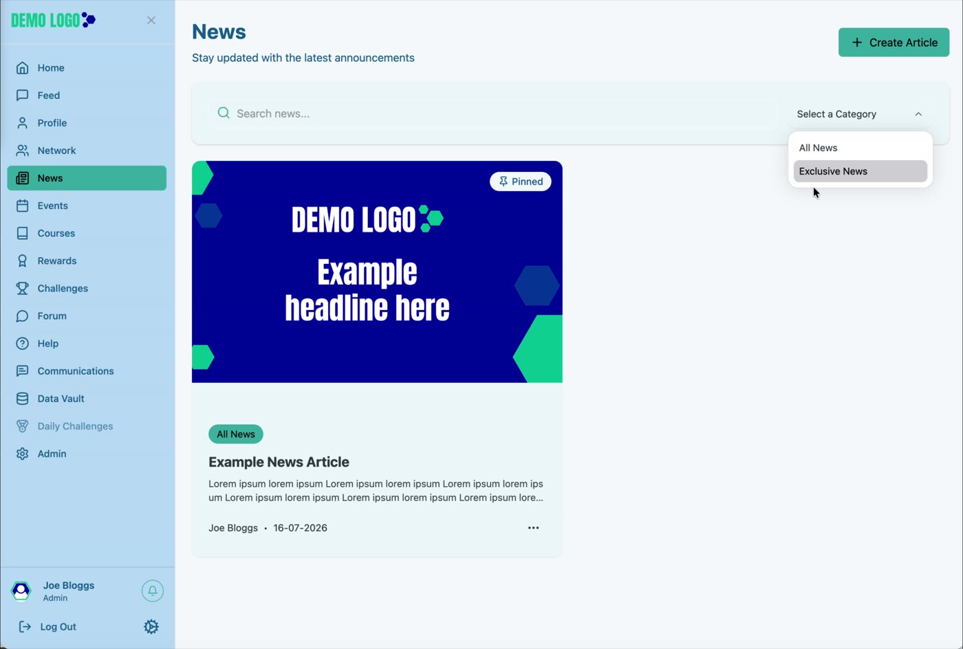 The category filter narrows the News list to a selected audience or topic.