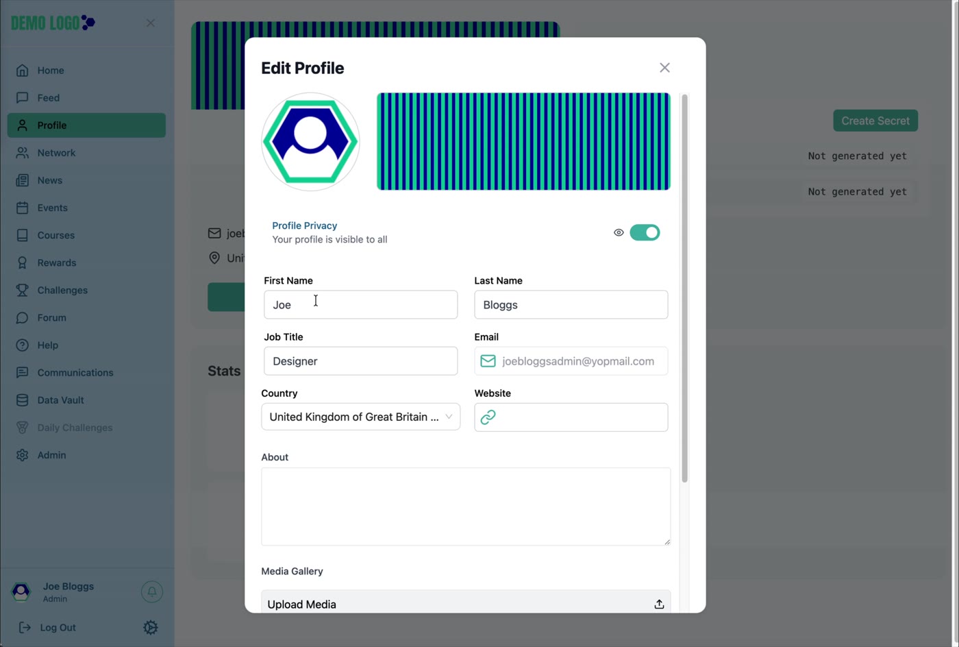 Edit Profile includes profile privacy, identity, role, country, website and About controls.