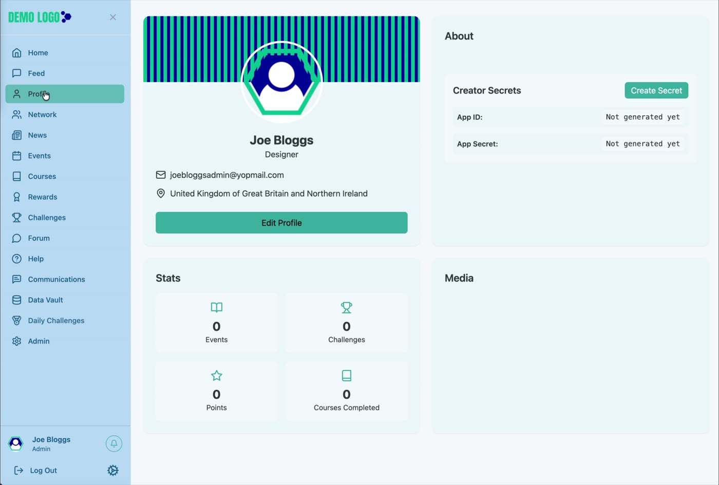 The Profile page combines identity details, About information, activity statistics, media and integration credentials.