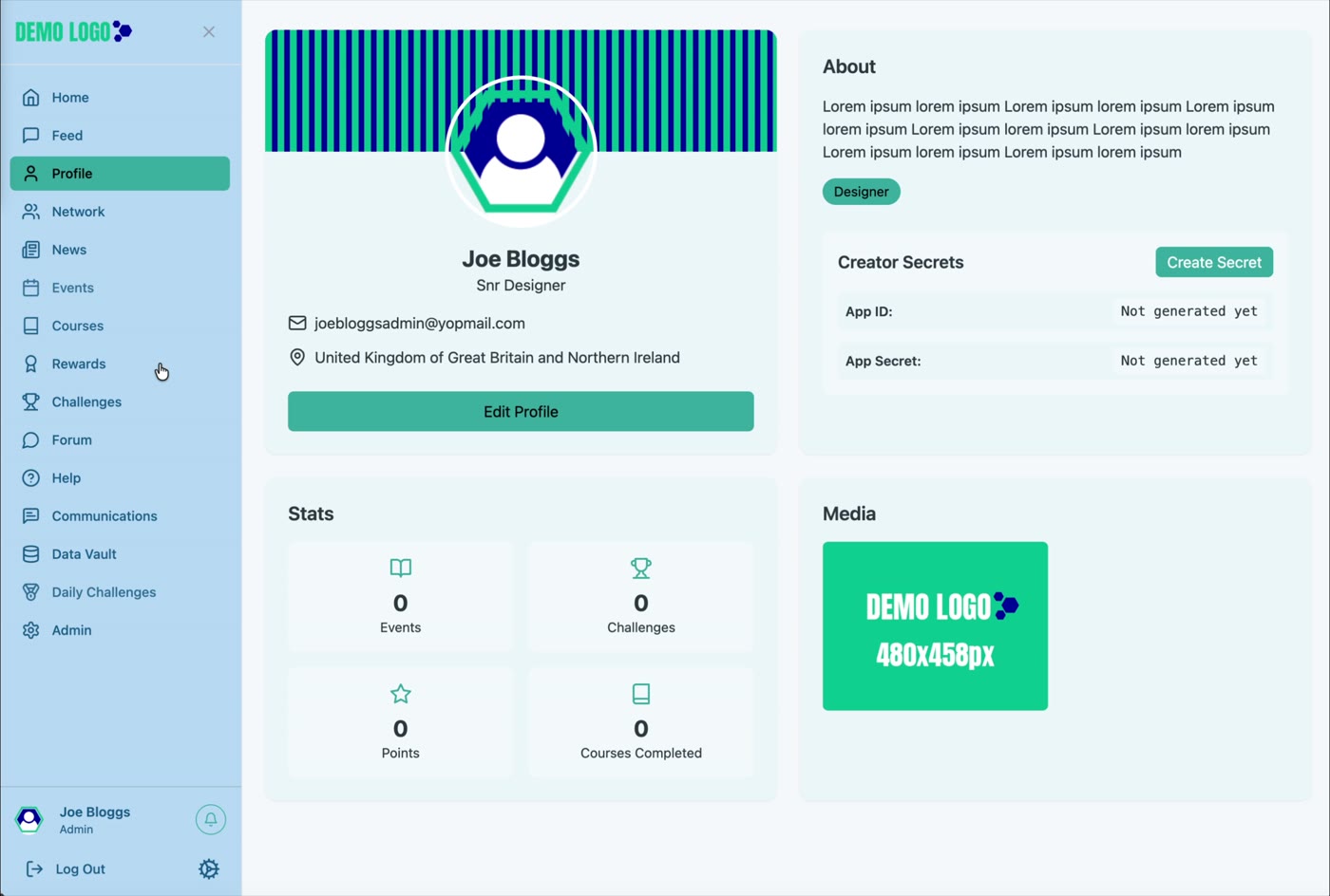 The saved profile shows the updated About, media and participation statistics.