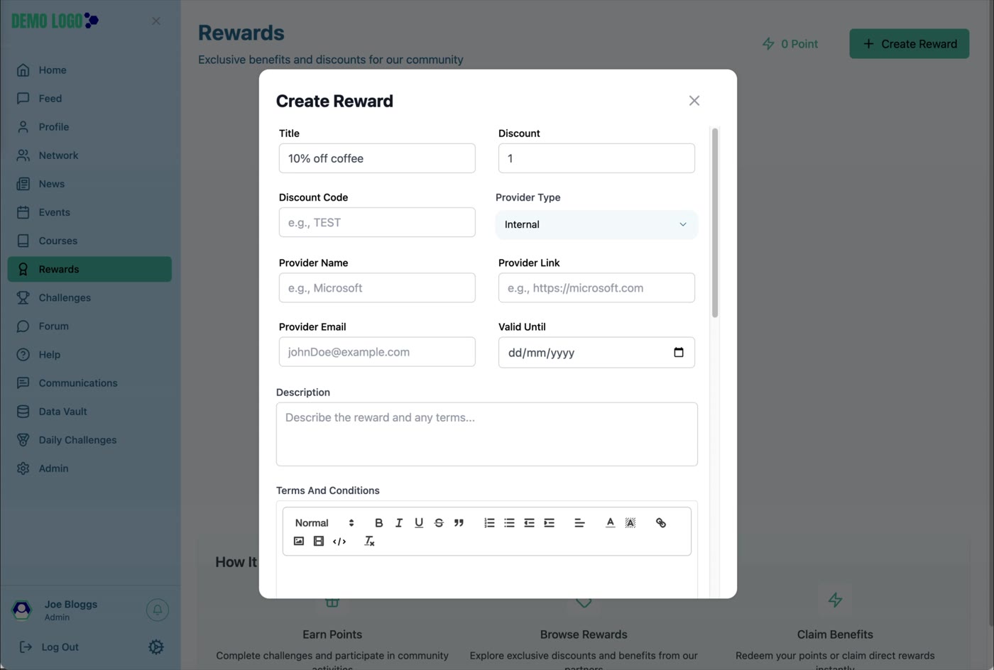 The first part of Create Reward captures offer, provider, validity and descriptive information.