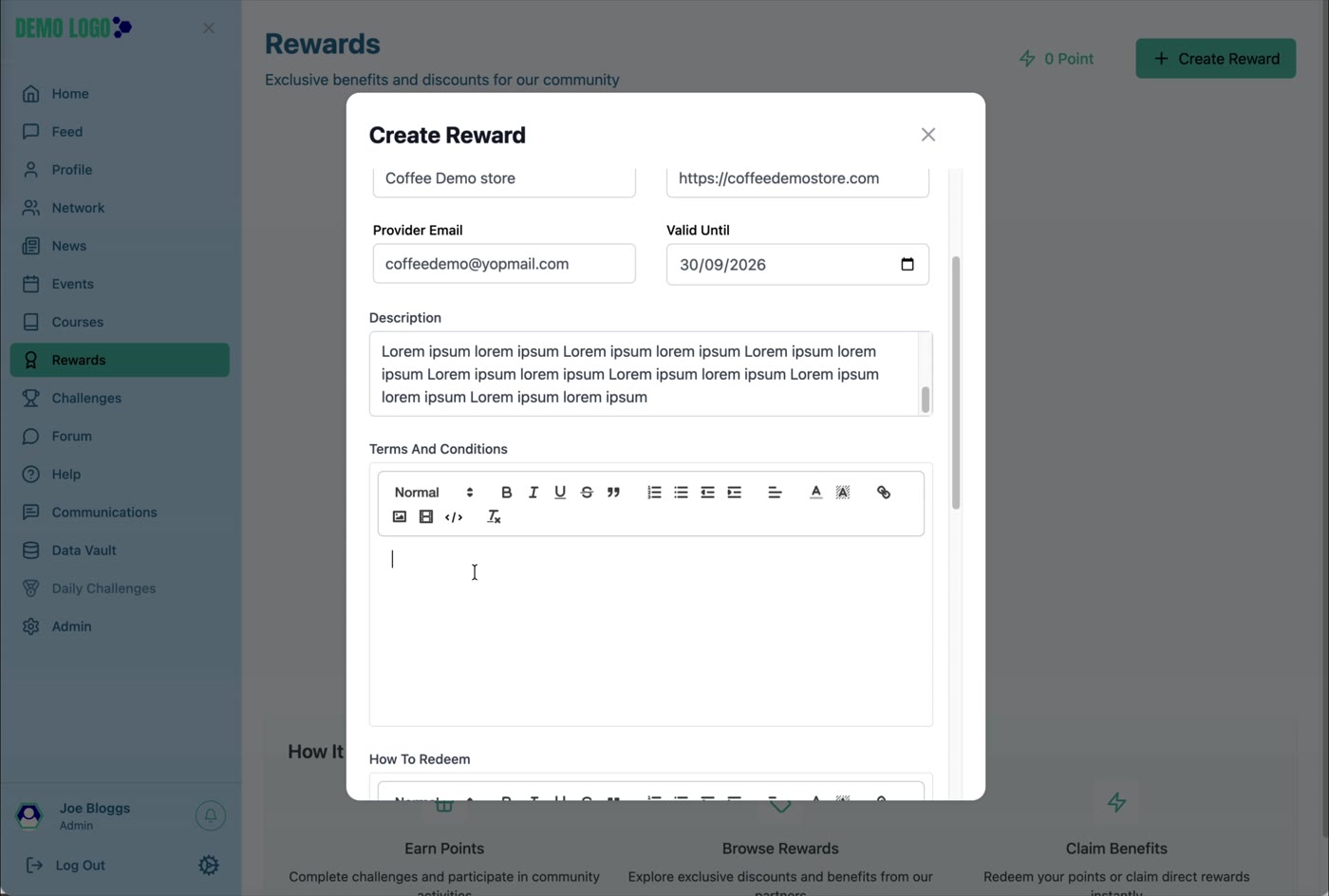 Terms and redemption instructions should be complete before the Reward is shown.