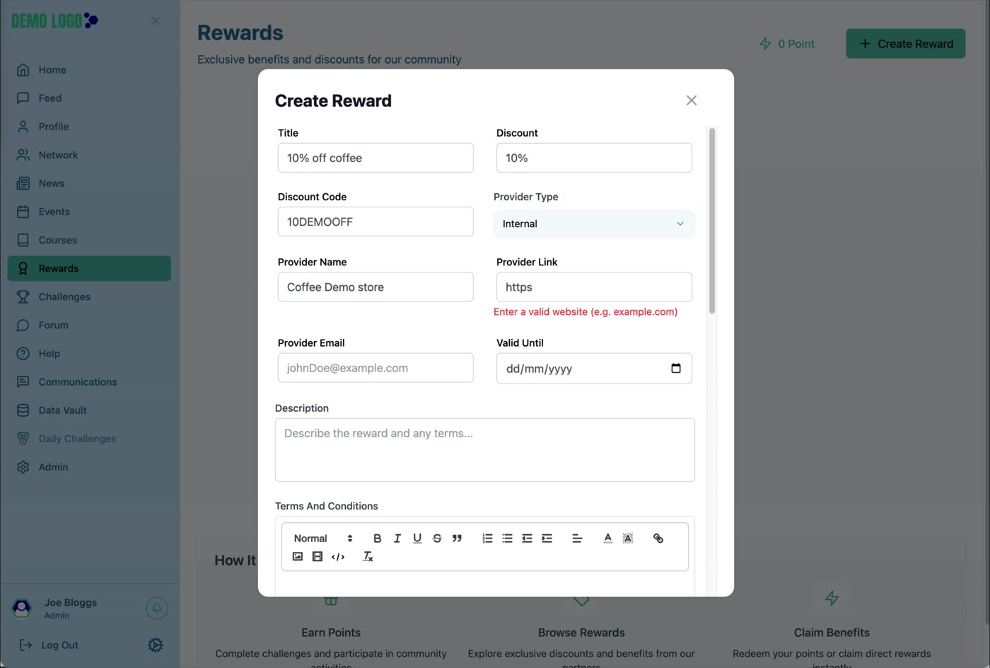 Choose Direct Reward or Points Based, then set visibility and any points requirement.