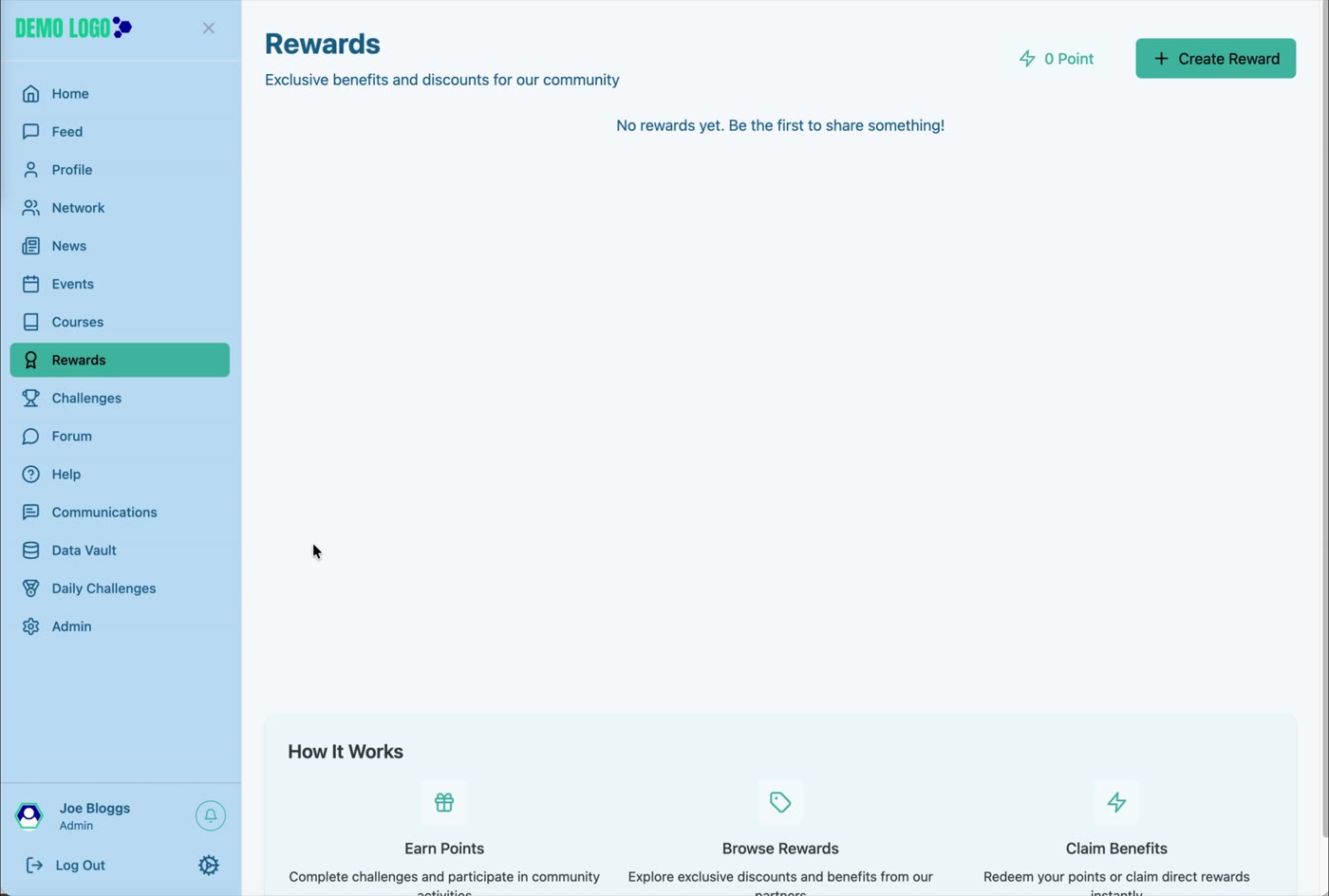 The Rewards page displays the member points total, Create Reward and the How It Works journey.