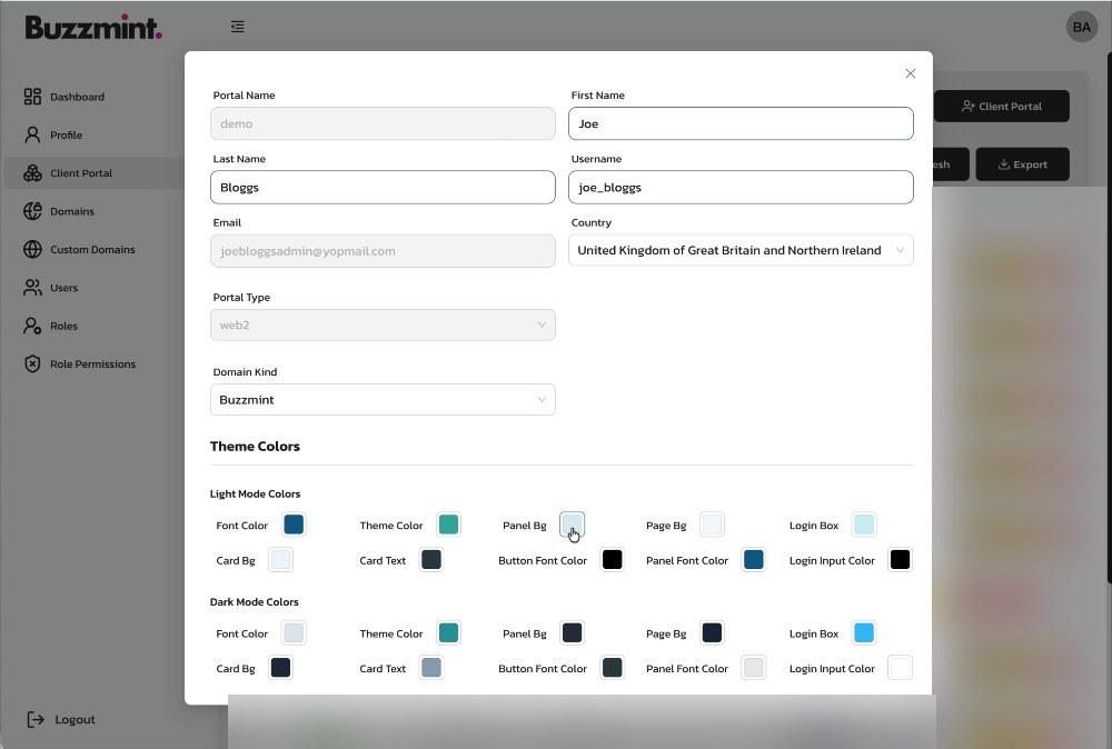 The existing portal form can be reopened to amend contact details, classification, colours and assets.
