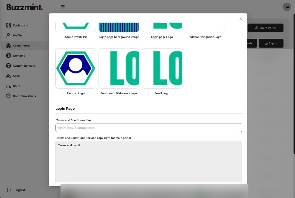 The final section contains the terms URL and client-facing login-page content.