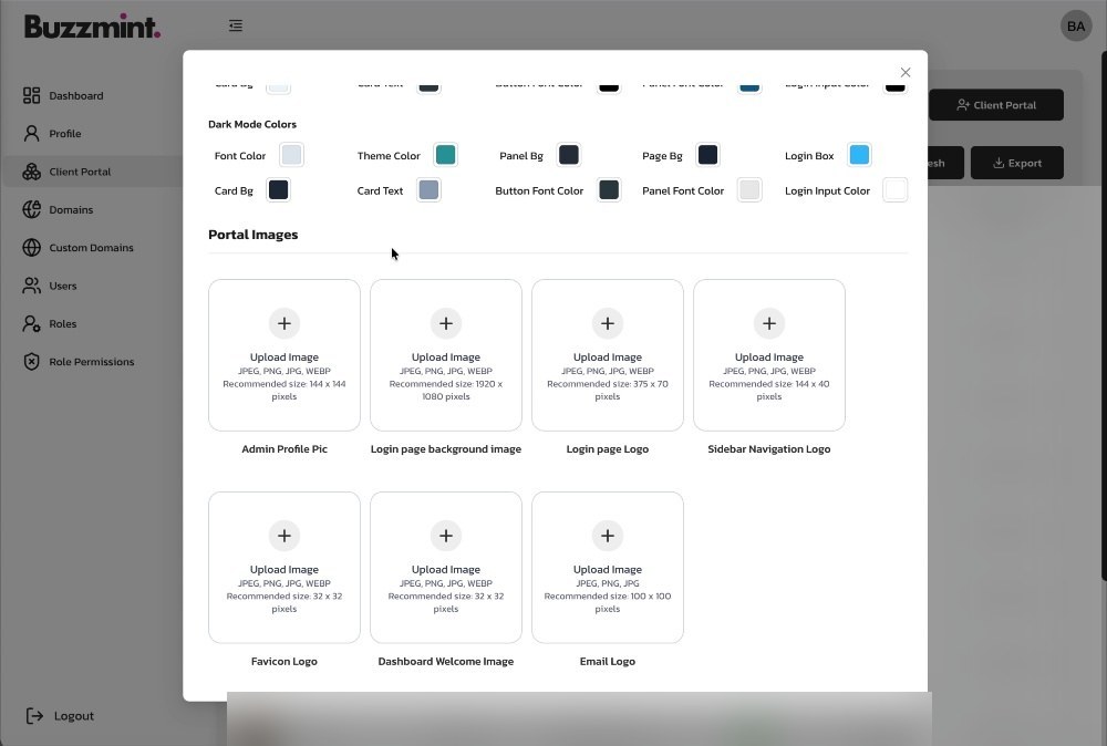 The form includes light-mode and dark-mode theme controls followed by portal image uploads.