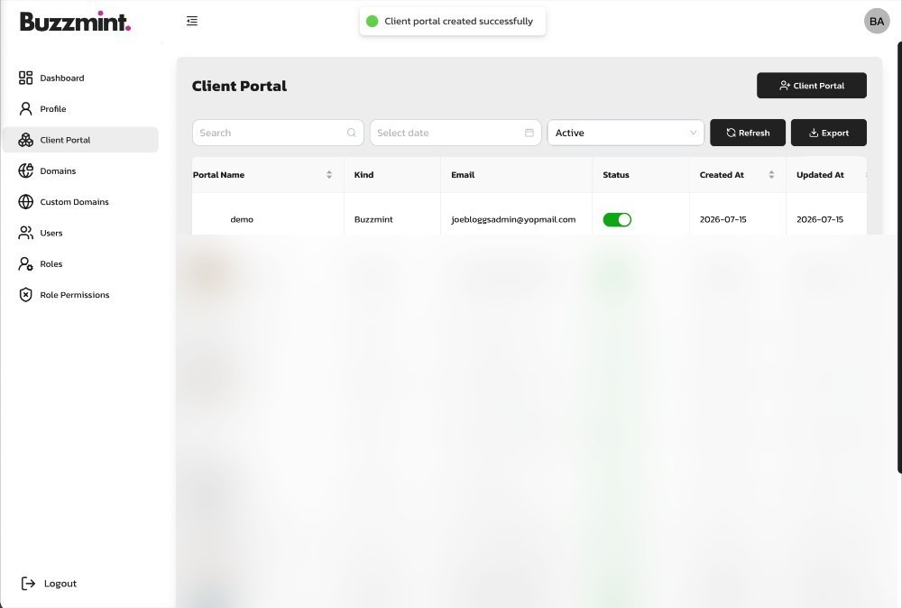 A success notification confirms that the client portal was created.