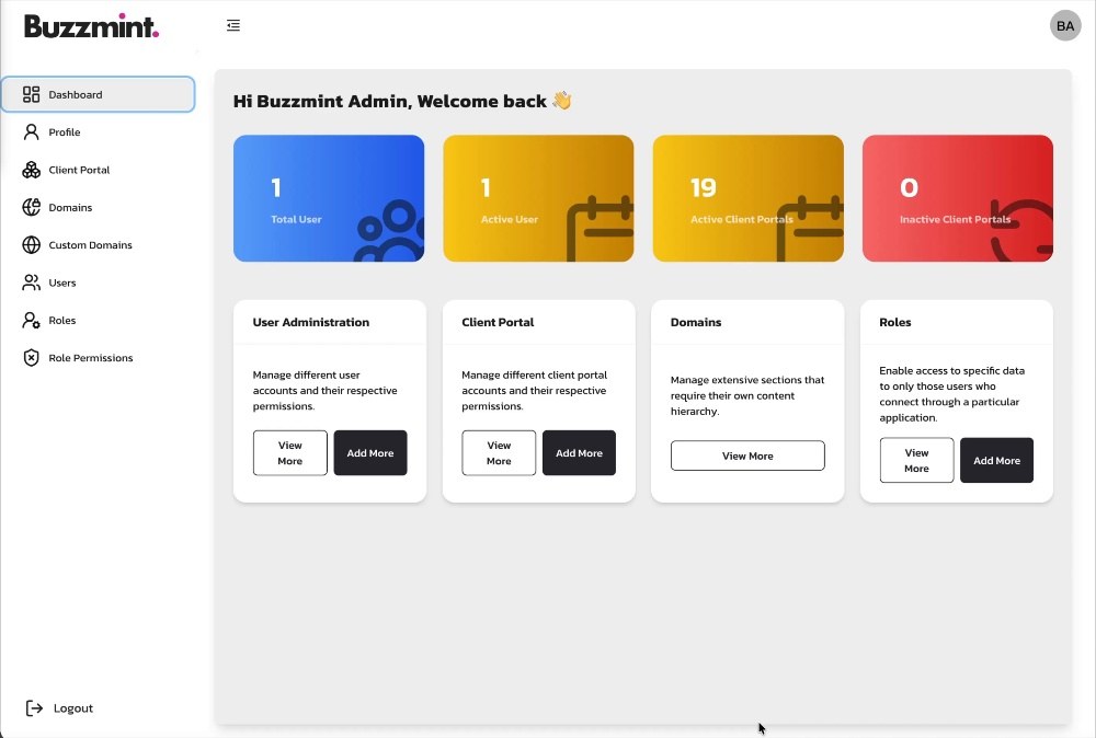 The Buzzmint Super Admin dashboard provides access to client portals, domains, roles and user administration.