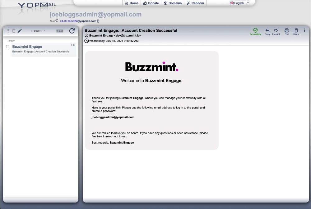 The invited administrator receives a Buzzmint Engage account-creation email.